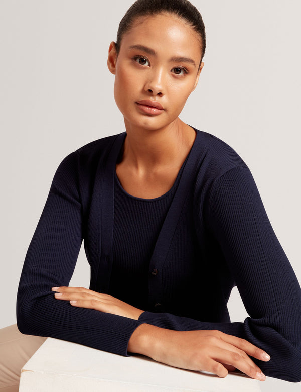 V-NECK CARDIGAN WITH RIB | NAVY
