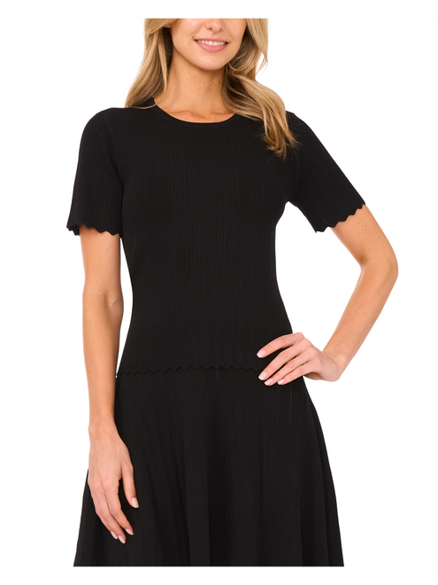 SHORT SLEEVE POINTELLE & RIB TOP | BLACK