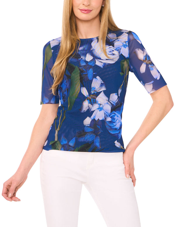 SHORT SLEEVE LINED MOCK NECK MESH TOP | NAVY