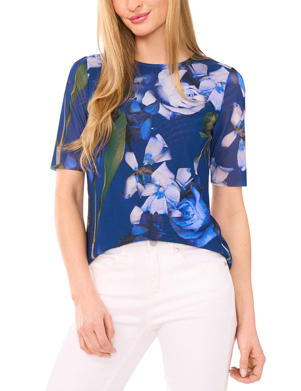 SHORT SLEEVE LINED MOCK NECK MESH TOP | NAVY