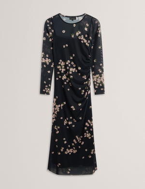 MESH PRINTED COLUMN DRESS | BLACK