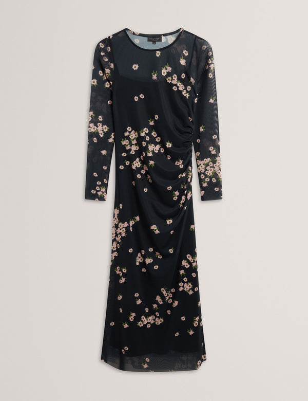 MESH PRINTED COLUMN DRESS | BLACK