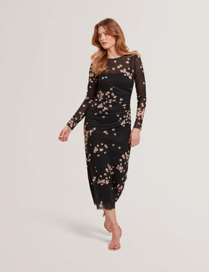 MESH PRINTED COLUMN DRESS | BLACK