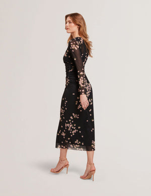 MESH PRINTED COLUMN DRESS | BLACK