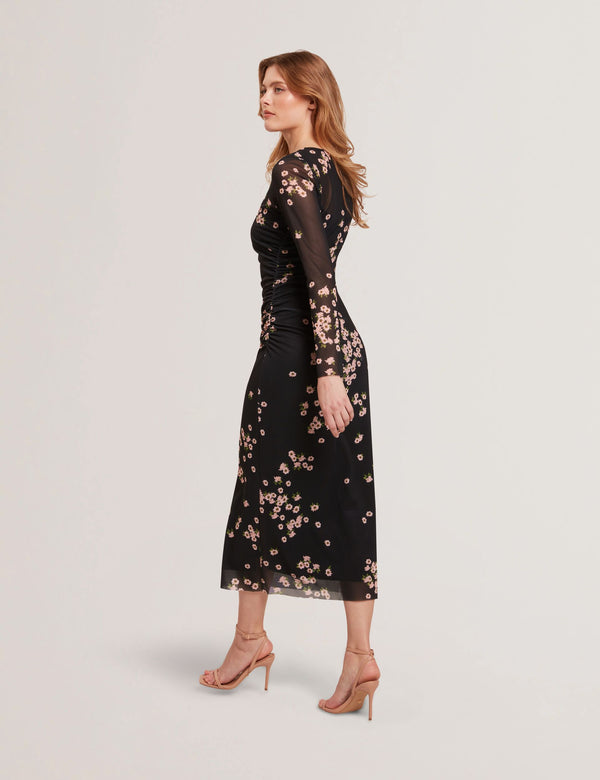 MESH PRINTED COLUMN DRESS | BLACK