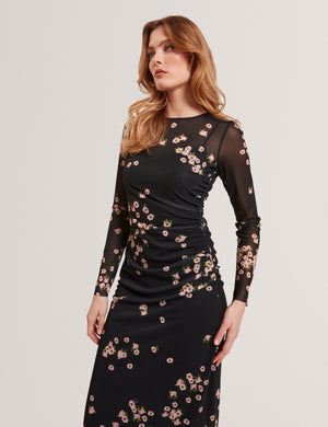 MESH PRINTED COLUMN DRESS | BLACK