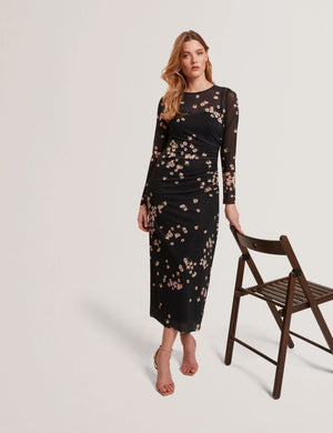 MESH PRINTED COLUMN DRESS | BLACK