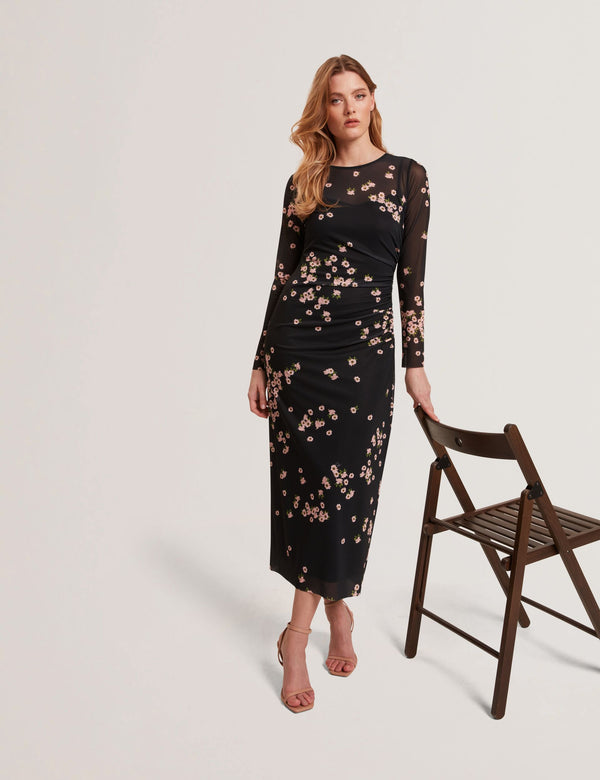 MESH PRINTED COLUMN DRESS | BLACK