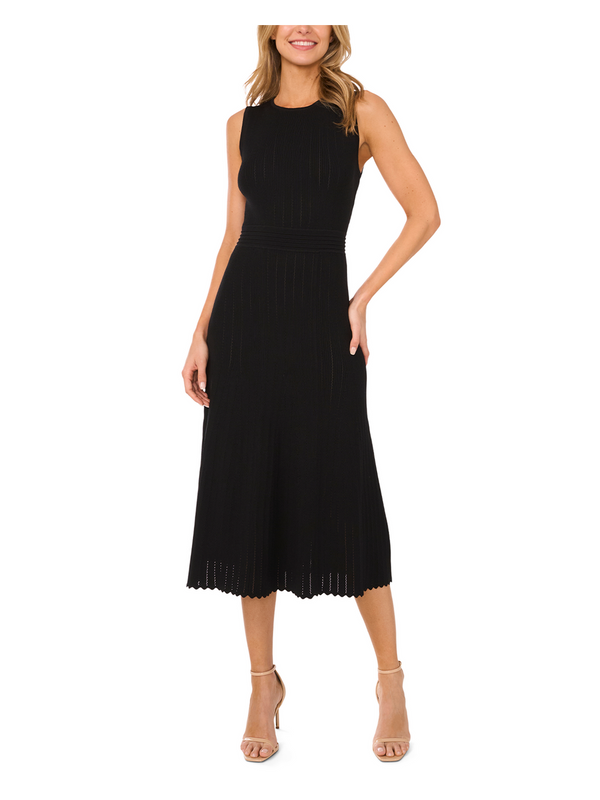SLEEVELESS POINTELLE & RIB MIDI DRESS | BLACK