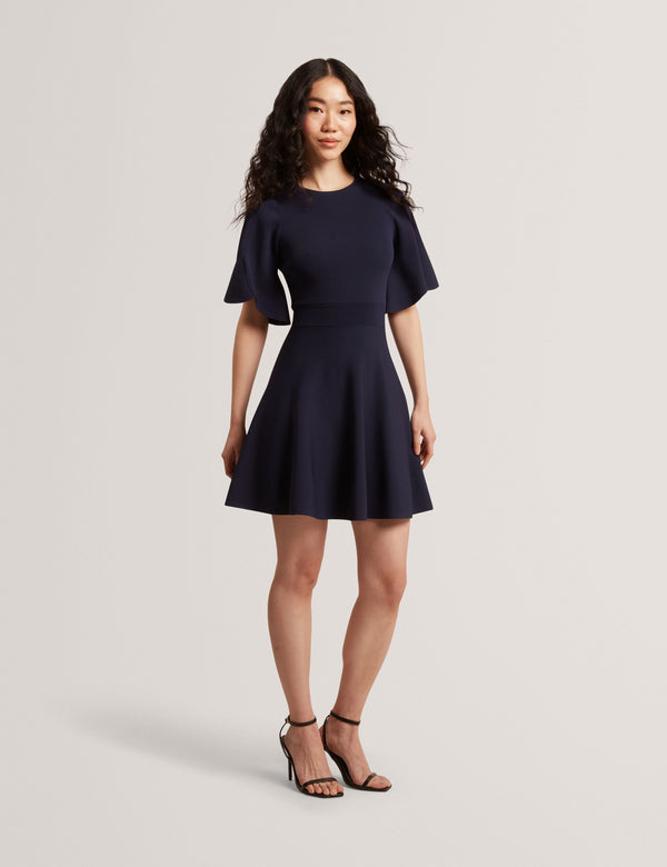 FLARE SHORT SLEEVE CREW NECK MINI DRESS | NAVY