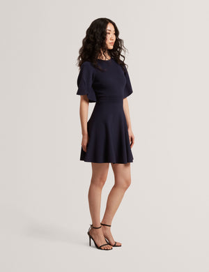 FLARE SHORT SLEEVE CREW NECK MINI DRESS | NAVY
