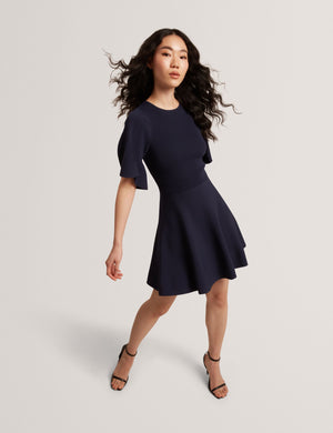 FLARE SHORT SLEEVE CREW NECK MINI DRESS | NAVY