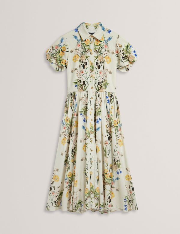 BALLOON SLEEVE BUTTON UP SHIRT DRESS | WHITE