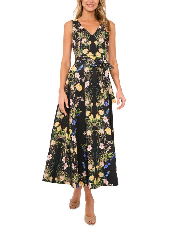 SLEEVELESS FLORAL V NECK MAXI DRESS | BLACK