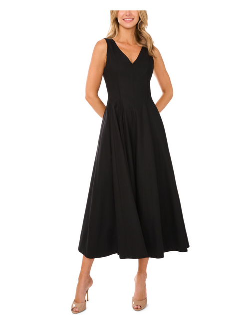 SLEEVELESS V-NECK PLEATED MAXI DRESS | BLACK