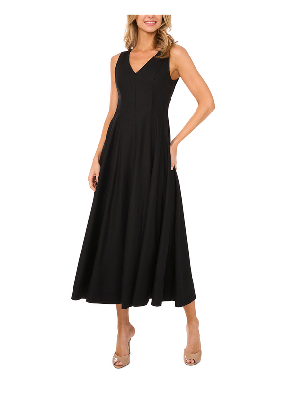 SLEEVELESS V-NECK PLEATED MAXI DRESS | BLACK