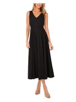 SLEEVELESS V-NECK PLEATED MAXI DRESS | BLACK