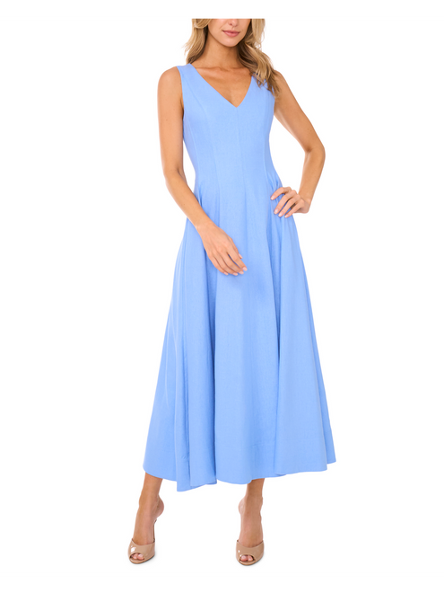 SLEEVELESS V NECK PLEATED MAXI DRESS | MID-BLUE