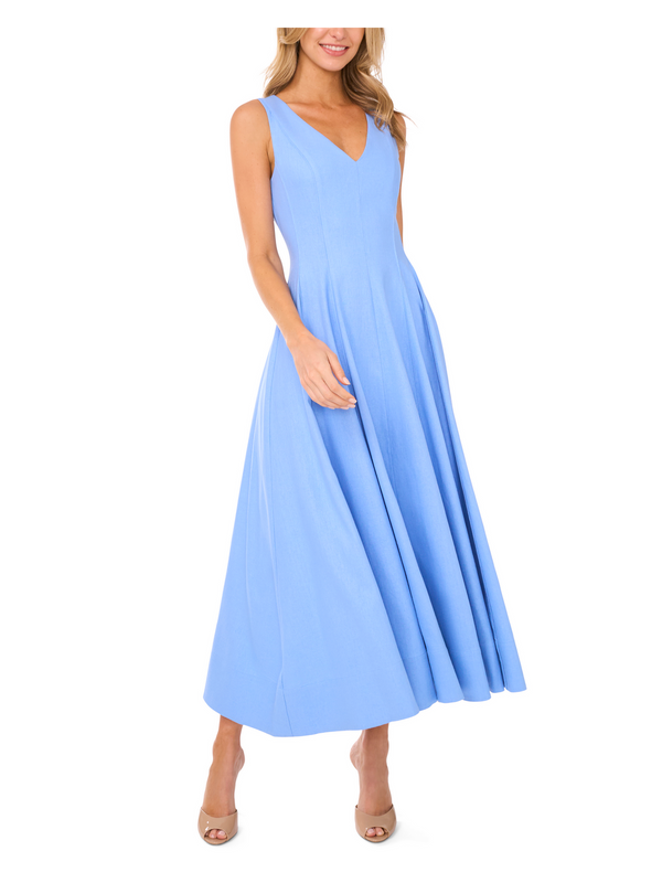 SLEEVELESS V NECK PLEATED MAXI DRESS | MID-BLUE