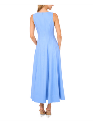 SLEEVELESS V NECK PLEATED MAXI DRESS | MID-BLUE
