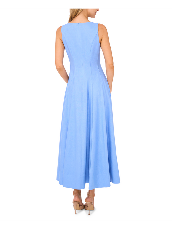 SLEEVELESS V NECK PLEATED MAXI DRESS | MID-BLUE
