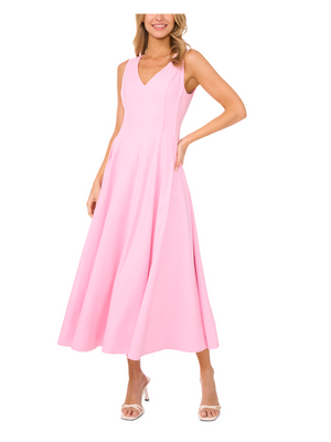 SLEEVELESS V NECK PLEATED MAXI DRESS | LIGHT PINK
