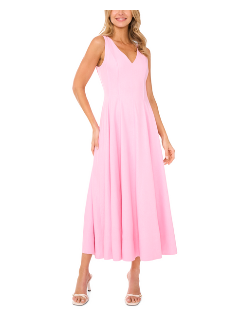 SLEEVELESS V NECK PLEATED MAXI DRESS | LT-PINK