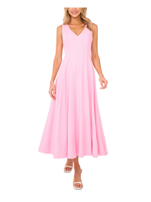 SLEEVELESS V NECK PLEATED MAXI DRESS | LIGHT PINK