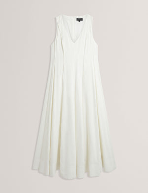 SLEEVELESS V-NECK PLEATED MAXI DRESS | WHITE