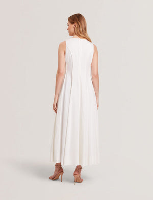 SLEEVELESS V-NECK PLEATED MAXI DRESS | WHITE