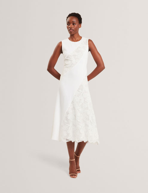 SLEEVELESS LACE APPLIQUE MIDI DRESS | WHITE
