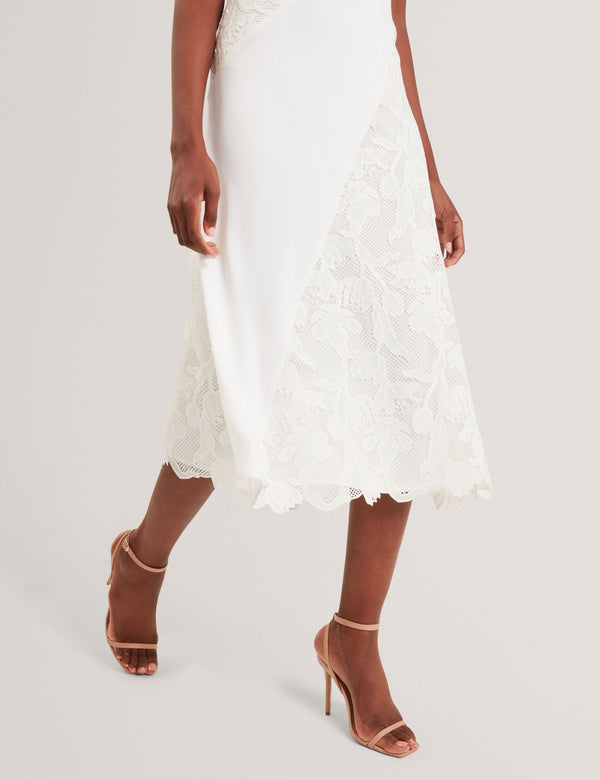 SLEEVELESS LACE APPLIQUE MIDI DRESS | WHITE