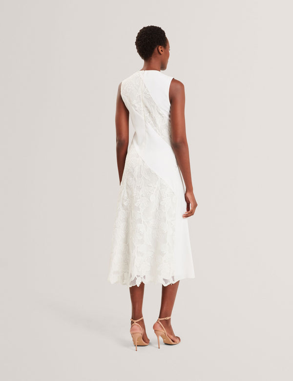 SLEEVELESS LACE APPLIQUE MIDI DRESS | WHITE
