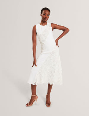 SLEEVELESS LACE APPLIQUE MIDI DRESS | WHITE