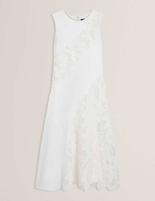 SLEEVELESS LACE APPLIQUE MIDI DRESS | WHITE