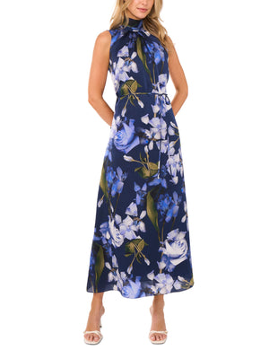 BOW TIE SLEEVELESS MAXI DRESS WITH SELF BELT | NAVY