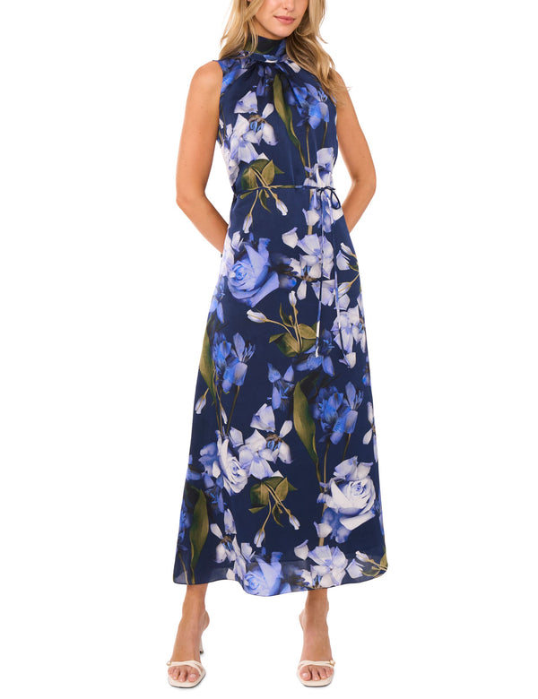 BOW TIE SLEEVELESS MAXI DRESS WITH SELF BELT | NAVY