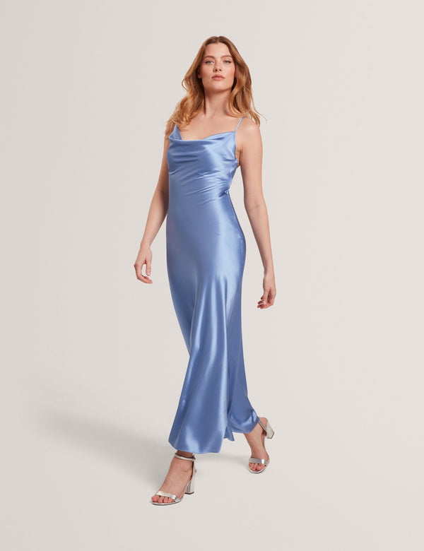 MIDI SILK SLIP DRESS | MID-BLUE