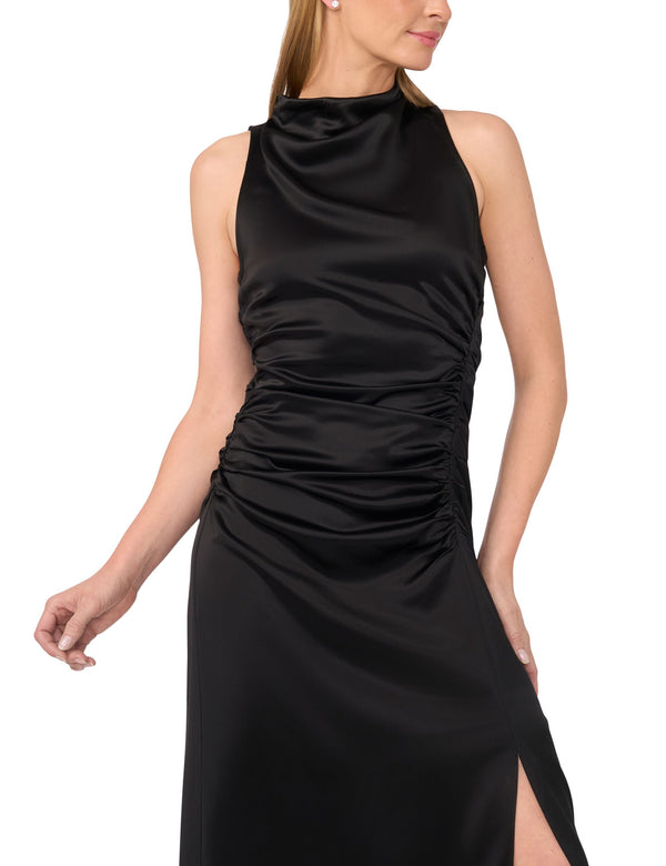 COWL NECK MAXI DRESS WITH RUCHED SIDES | BLACK