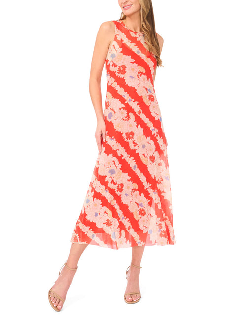 Ted Baker Floral Stripe Sleeveless Mesh Midi Dress