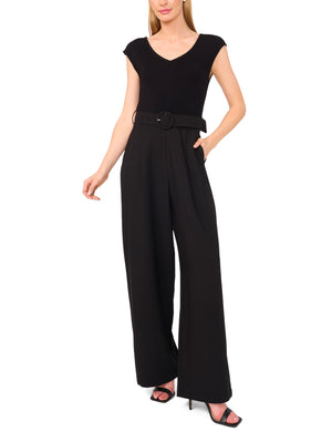 V-NECK JUMPSUIT WITH WOVEN BOTTOM | BLACK