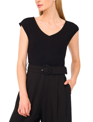 V-NECK JUMPSUIT WITH WOVEN BOTTOM | BLACK