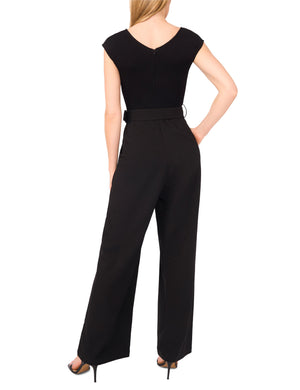 V-NECK JUMPSUIT WITH WOVEN BOTTOM | BLACK