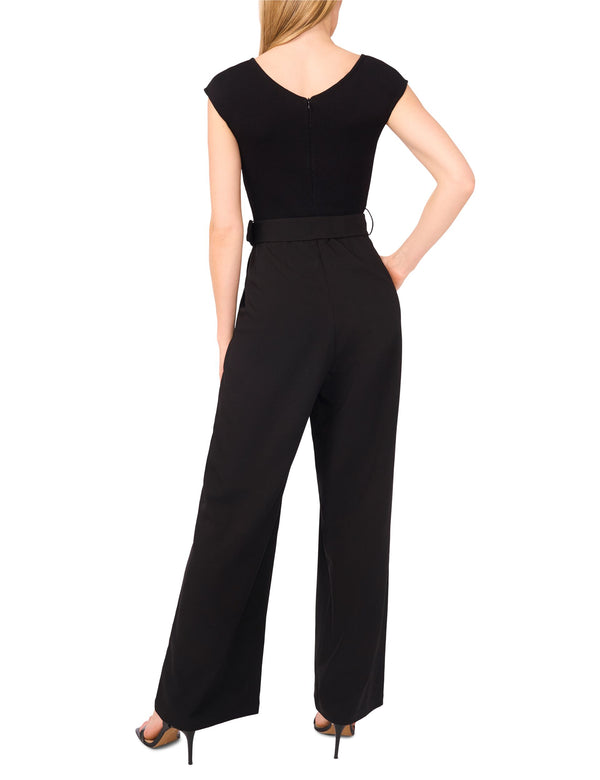 V-NECK JUMPSUIT WITH WOVEN BOTTOM | BLACK