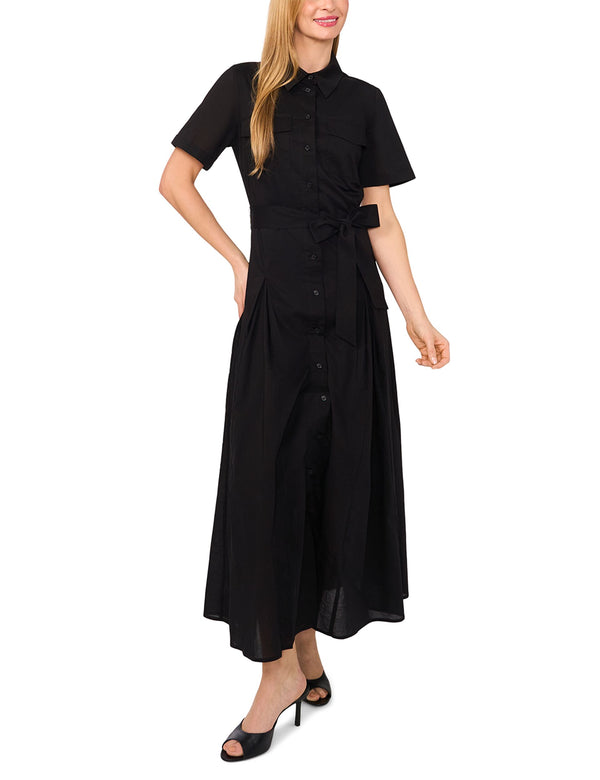SHIRT DRESS WITH SELF BELT | BLACK