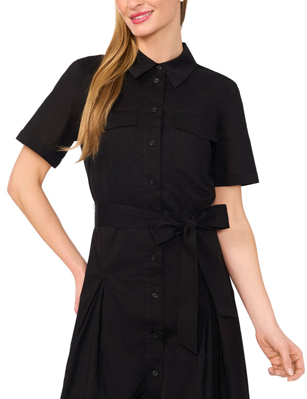 SHIRT DRESS WITH SELF BELT | BLACK