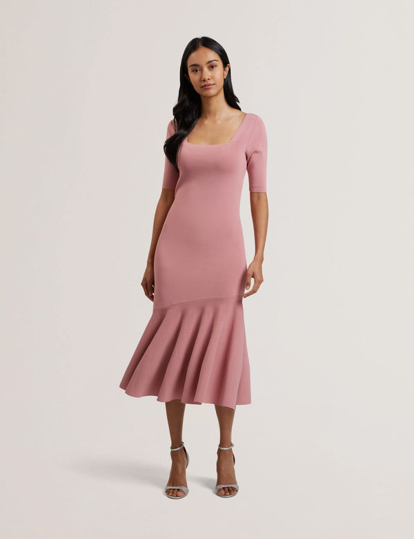 Ted Baker Flippy Hem Square Neck Knitted Midi Dress