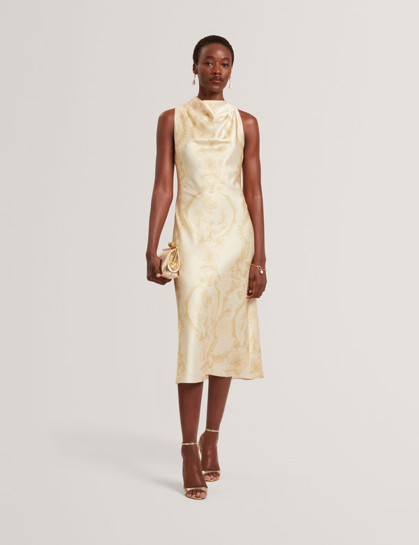 Ted Baker Lace Print Cowl Neck Satin Midi Dress