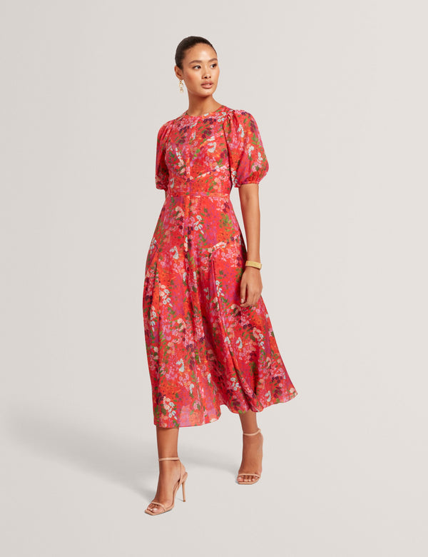 Ted Baker Blossom Print Puff Sleeve A-Line Midi Dress