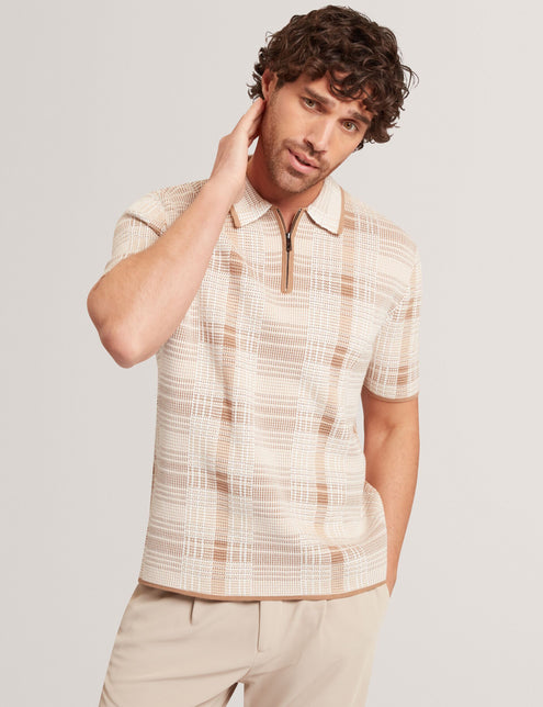 Ted Baker Checked Zip Neck Cotton Knit Polo